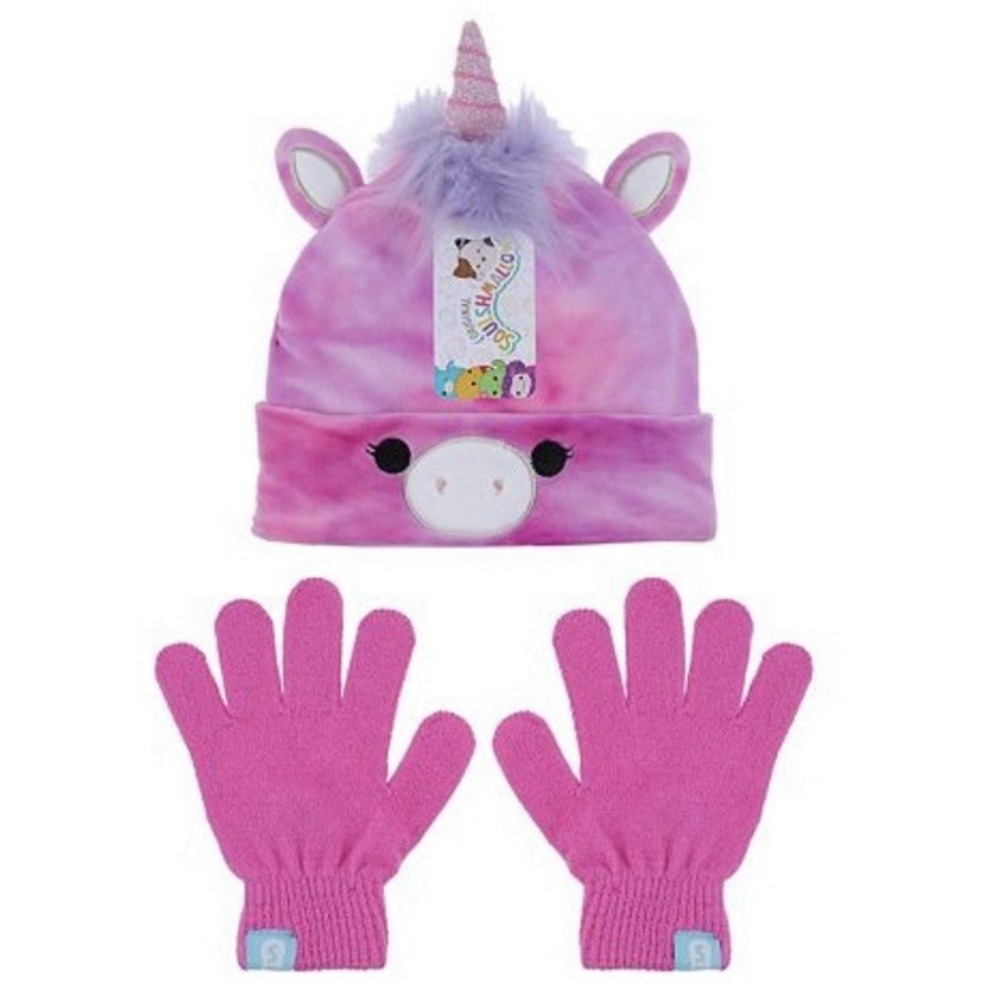 Squishmallows Lola the Unicorn Hat &‎ Gloves Set Girls NWT Toboggan Pink Purple